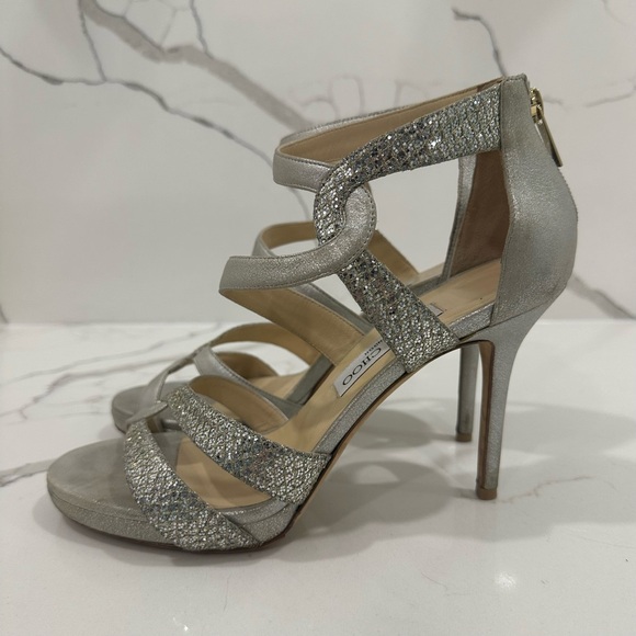 Jimmy Choo Authentic Designer Glittering Silver High Heels - Picture 8 of 16